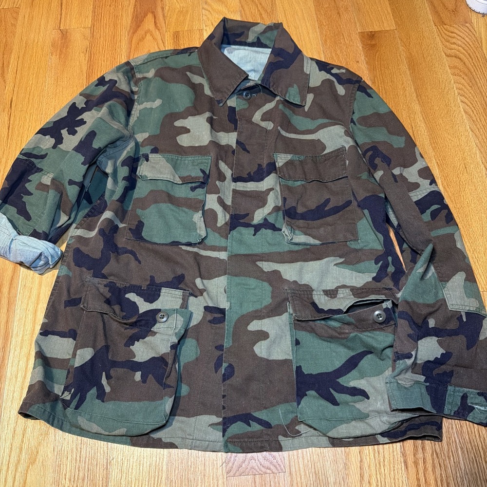 Vintage US Army BDU Coat Combat Jacket Mens Large Regular Woodland Camo 90s